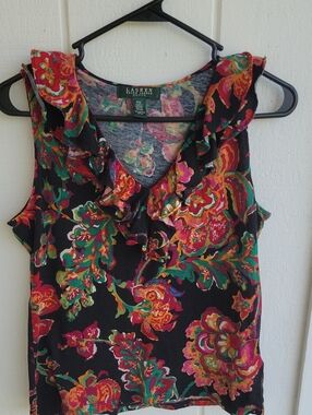 Lauren Ralph Lauren Black Floral Ruffle V-Neck Sleeveless Top